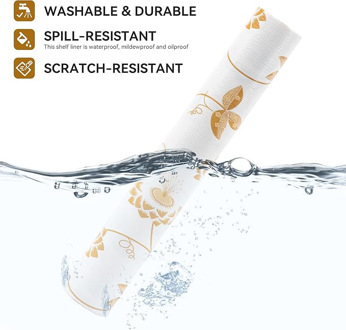 RAY STAR Shelf Liner, Non Adhesive Golden Leaves Floral Kitchen Cabinet Liner for Pantry Drawer, Strong Grip Non Slip Waterproof, Shelf Liners for Kitchen Cabinets Cupboard 12 Inch x 10 FT (2 Rolls) - Image 2