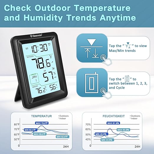 Geevon Wireless Indoor Outdoor Thermometer & Hygrometer with Remote Sensor – Digital Temperature & Humidity Monitor, Alarm, Snooze, 10s Backlight - Image 5