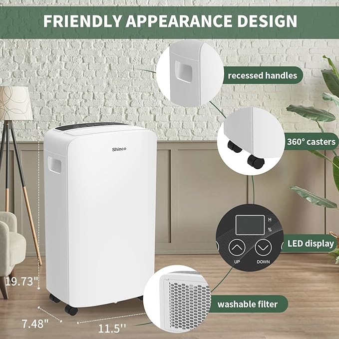 Shinco 40 Pints Dehumidifier for Home and Basements, 2000 Sq.Ft Dehumidifiers with Drain Hose, Auto or Manual Drainage, Auto Defrost, Quietly Remove Moisture, Intelligent Humidity Control, 24HR Timer - Image 7