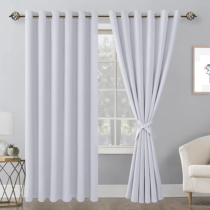 Hiasan Room Darkening Curtains for Bedroom, 70 x 84 Inches - Thermal Insulated & Energy Saving Window Drapes for Living Room/Dorm Room, Set of 2 Panels Sewn with Tiebacks, Greyish White - Image 2