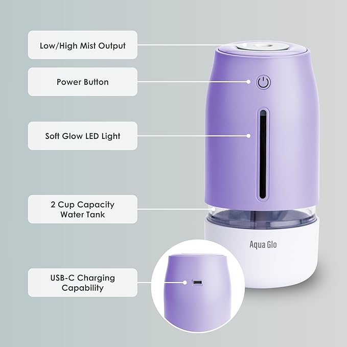 Aqua Glo Personal, Portable Humidifiers for Bedroom – Ultrasonic Cool Mist Humidifier with Built In Rechargeable Battery. Air Humidifier for Baby, Plants, Home, Office, Travel. Lavender - Image 3