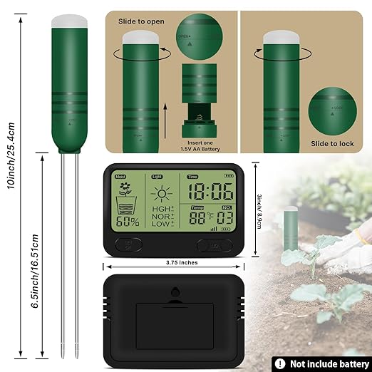 4-in-1 Wireless Soil Moisture Meter/Thermometer/Sunlight/Time,PH Paper, Waterproof Plant Moisture Sensor Meter with Digital LCD Display for Garden, Lawn and Indoor Plants - Image 4