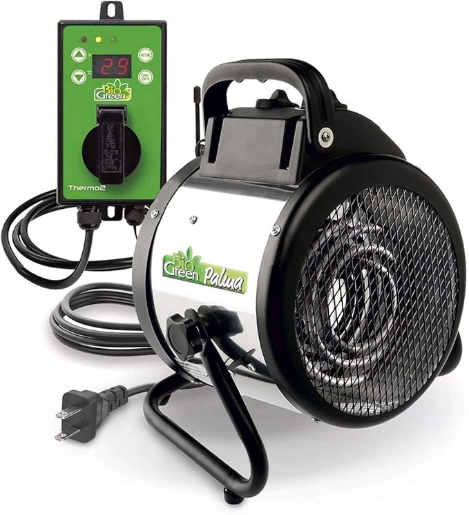 BioGreen Electric Greenhouse Heater & Fan with Digital Thermostat PALMA | 1500 Watts, 5100 BTU/hr | 5800 ft³/h Air Circulation -58 to 210.2°F | Stainless Steel | Spraywater Proof by BioGreenUSAInc