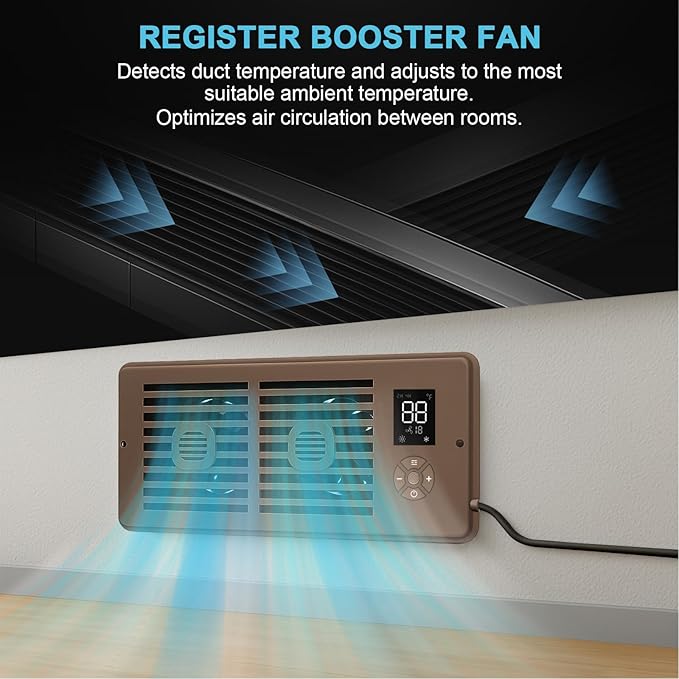 Register Booster Fan for 4" x 10" Vents Only, 10 Speeds to Control Cool and Warm Airflow, Air Conditioning Vents with LED Screen Remote & Thermostat Control, for Room Walls & Floors (Brown) - Image 2