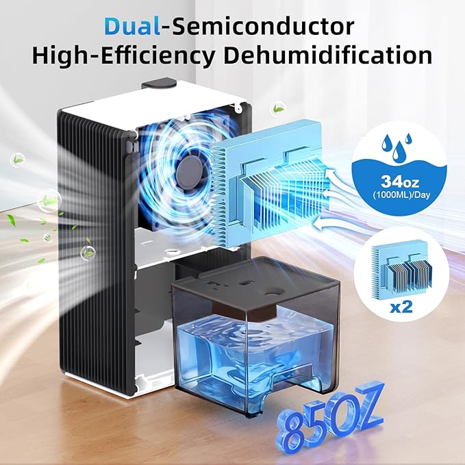 Dehumidifier for Home (85 OZ, 1000 sq ft) Small Dehumidifiers for Basement, Auto Shut-Off, Sleep Mode, 7 Color Light, Quiet Dehumidifier for Bedroom, Bathroom, Living Room with Drain Hose(White Black) - Image 2