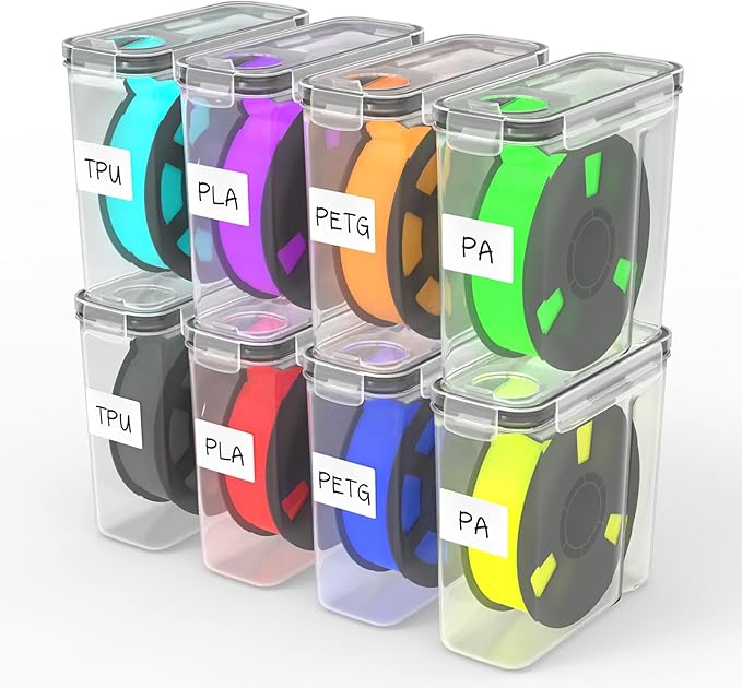 Filament Storage Box - 8 Pack 3D Printing Filament Container with Thick Silicone Seal, Dust-Proof Reusable Organizer with Writable Labels for 1.75mm PLA, ABS, PETG, TPU, PA (9.05"×8"×3") by nomiou