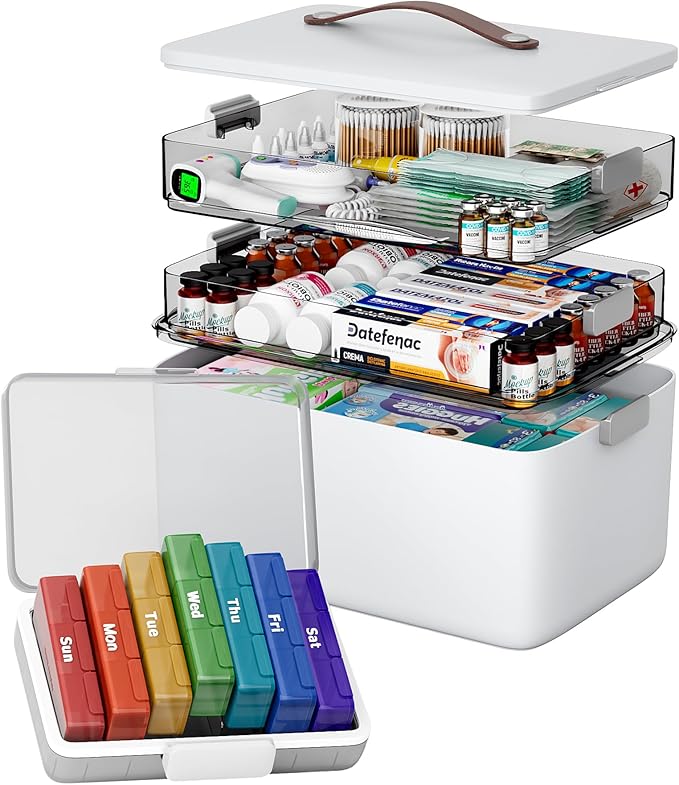 CTIME 3-Tier Medicine Organizer with Pill Case - Portable Pill Case & Empty First Aid Kit for Home, Travel, RV, School, Dorm, Ideal Elderly, Father Gift by CTIME
