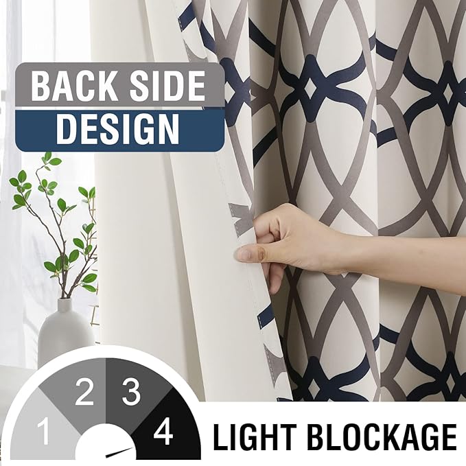 H.VERSAILTEX Blackout Curtains Printed Design 63 Inch Length 2 Panels Set Thermal Insulated Curtains for Bedroom Living Room Geometric Modern Grommet Window Drapes - Grey and Navy - Image 3