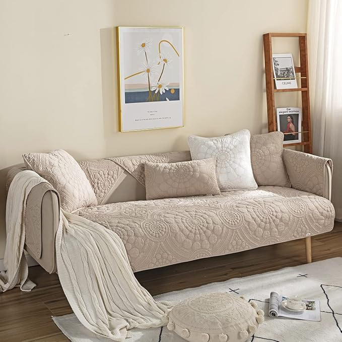 vctops Boho Circle Embroidery Couch Sofa Cover Solid Color Cotton Quilted Non-Slip Sectional Couch Covers Sofa Slipcover for Dogs, Children, Pets Furniture Protector (Khaki,43"x63") - Image 3