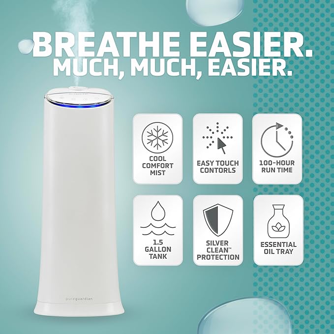 PureGuardian Ultrasonic Cool Mist Humidifier, 100 Hrs. Run Time, 1.5 Gallon Tank, 440 Sq. Ft. Coverage, Medium Rooms, Quiet, Filter Free, Essential Oil Tray, White, H3200WAR - Image 2
