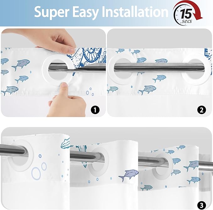 Stall No Hook Shower Curtain with Snap in Liner, Beach Ocean Nautical Coastal Shower Curtains and Liner Set for Bathroom, Seashell Fabric Bath Curtain, Waterproof Washable, Blue 54" x 80" - Image 6