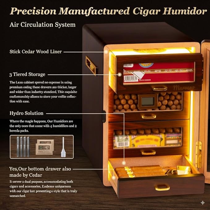 Desktop Cigar Humidor Cabinet Triple-Sided Light with Digital Hygrometer, Humidifier and Humidity Packs. 4 Ceder Wood Drawers, Cigar Humidor Box can Hold 200 Cigars. Present for Men - Image 3