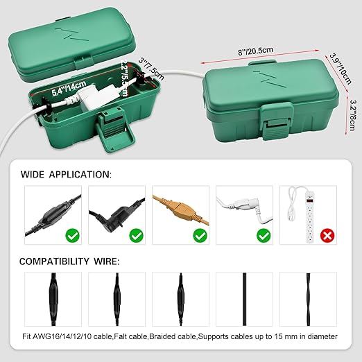 Hrensaw Small Weatherproof Electrical Connection Box(Inner 5.5 x 3 x 2.2inch),Outdoor Electrical Box,Waterproof Extension Cord Covers for Plug, Extension Cables, Holiday Lights,Green - Image 2