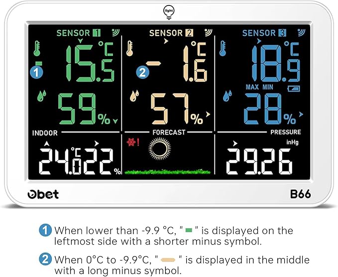 OBET Weather Station Wireless Indoor Outdoor Thermometer with 3 Sensors, Temperature Humidity Monitor with Alerts 500ft Range and 3 Adjustable Brightness White - Image 8