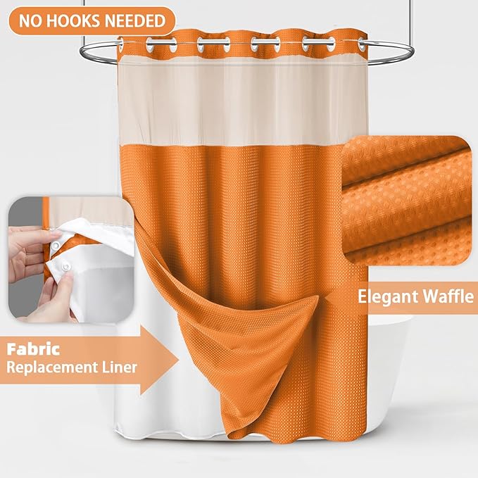 No Hook Shower Curtain and Liner Set,Orange Hotel Waffle Shower Curtain with Liner 75" L x 72" W - Image 3
