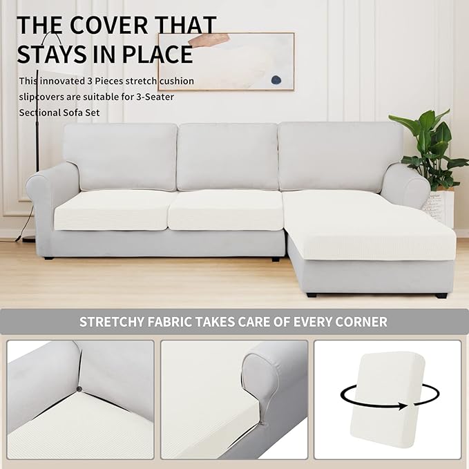 Easy-Going Stretch 3 Pieces Couch Cushion Covers for Sectional Sofa Left/Right L Shape Chaise Lounge Sofa Seat slipcover Anti-Slip Sofa Cover Soft (2 Seater + 1 Chaise, Cream) - Image 5