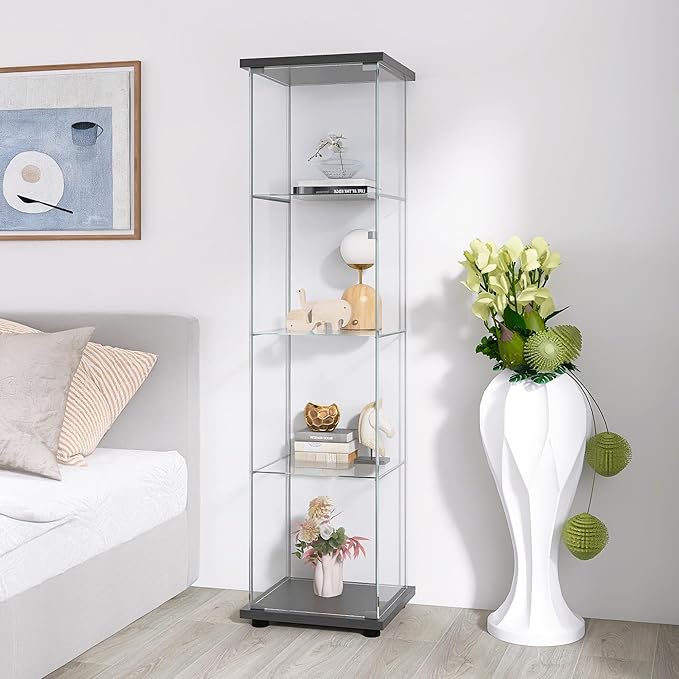 Yoluckea 4 Shelves Glass Display Cabinet with Door, Curio Collection Glass Display Case for Home Office, Floor Standing Bookshelf Corner Cabinet for Book, Toys, Glory(Black) by Yoluckea