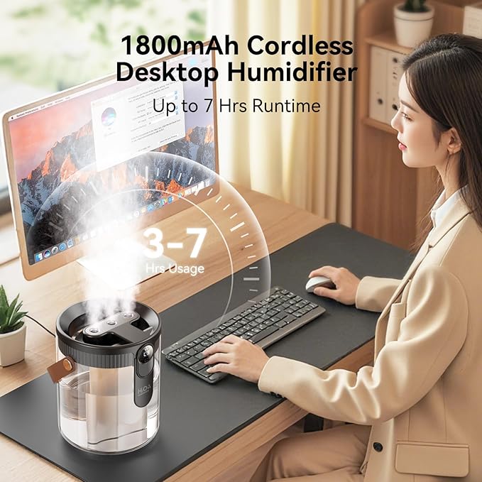 Rechargeable Portable Top Fill Humidifier, Smart Humidifiers for Bedroom, Night Light, 1.4L Cool Mist Humidifier for Office Home Plant Baby, 3-Speed Mist Control, Quiet, Auto Shut-Off (Grey) - Image 3