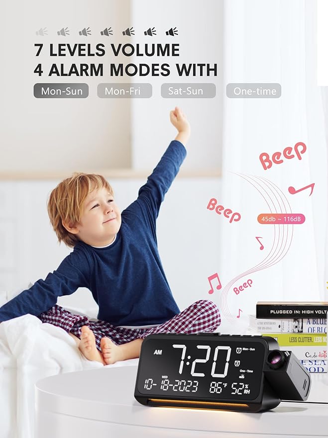 Mesqool Projection Alarm Clock for Bedroom, Digital Clock with Projection on Ceiling with Night Light, Date, Temperature, Humidity, Type-C USB Charger, Snooze, Dual Alarms, Dimmer,12/24H - Image 5