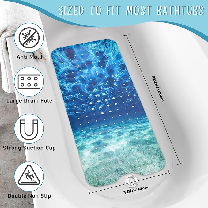 Seawater Bathtub Mat Non Slip, Ocean Waves Bath Tub Mat Baby Bath Mats for Bathroom Anti Slip Shower Mats for Inside Shower, Underwater Bathmat with Suction and Drain Holes Machine Washable, 40″x16″ - Image 3