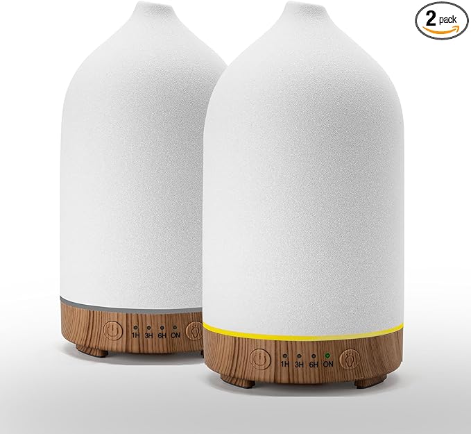 200ML Ceramic Essential Oil Diffuser (Set of 2) - Ultrasonic Aromatherapy & Humidifier with 7-Color LED Lights, Auto Shut-Off, Wood Grain Base, 1H/3H/6H Timer | Scent for Home, Office, Yoga by Gooamp