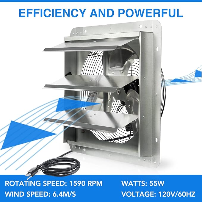 KEN BROWN 14 Inch Shutter Exhaust Fan, Gable Vent Fan, Wall Mount Ventilation, High Speed 1950 CFM, Automatic Aluminum Blades, for Garages, Shop, Greenhouse, Attic, with Power Cord - Image 3