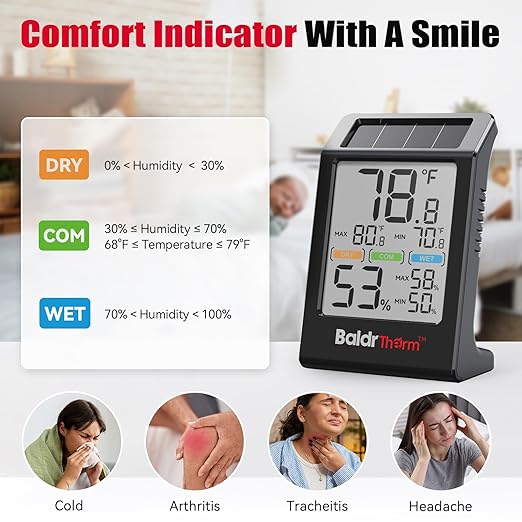BaldrTherm Room Thermometer Indoor Humidity Meter Solar Powered with Max/Min Memory & Comfort Indicator - 3.2" Large Display for Home, Black, 1Pack - Image 6