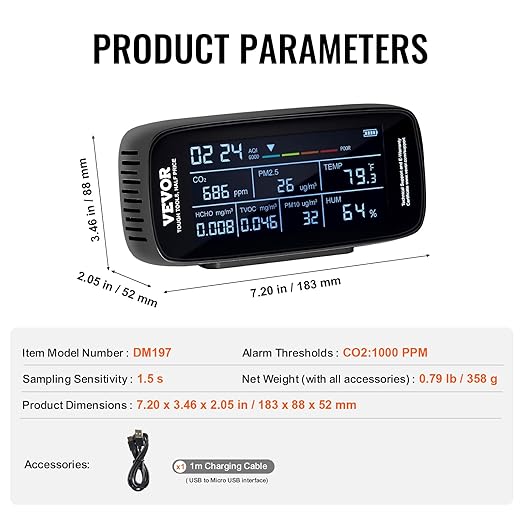 VEVOR Air Quality Monitor 9-in-1, CO2, Temperature, Humidity, Formaldehyde TVOC AQI Tester, Professional PM2.5 PM10 PM1.0 Particle Counter for Indoor/Outdoor, Air Quality Meter w/Alarm Thresholds - Image 7