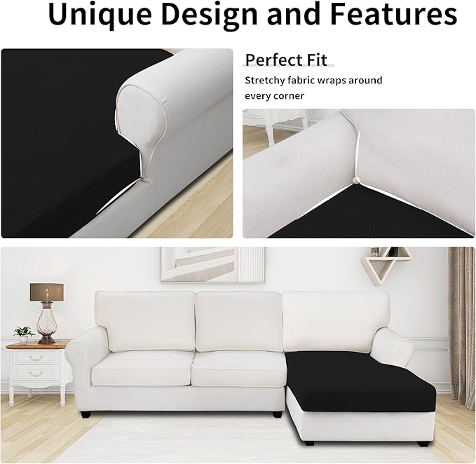 Easy-Going Stretch Sectional Couch Covers 1 Piece Chaise Lounge Slipcover L Shape Separate Cushion Couch Seat Chaise Cover for Both Left/Right Sectional Couch Black - Image 3