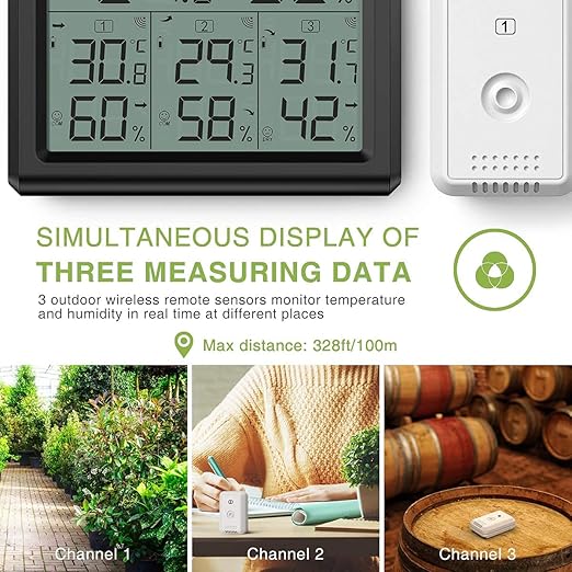 KeeKit Indoor Outdoor Thermometer, Temperature Humidity Monitor with 3 Wireless Sensors, Hygrometer Meter Gauge with LCD Backlight, Min/Max Record for Home, Office, Restaurants, Bars – Black - Image 2