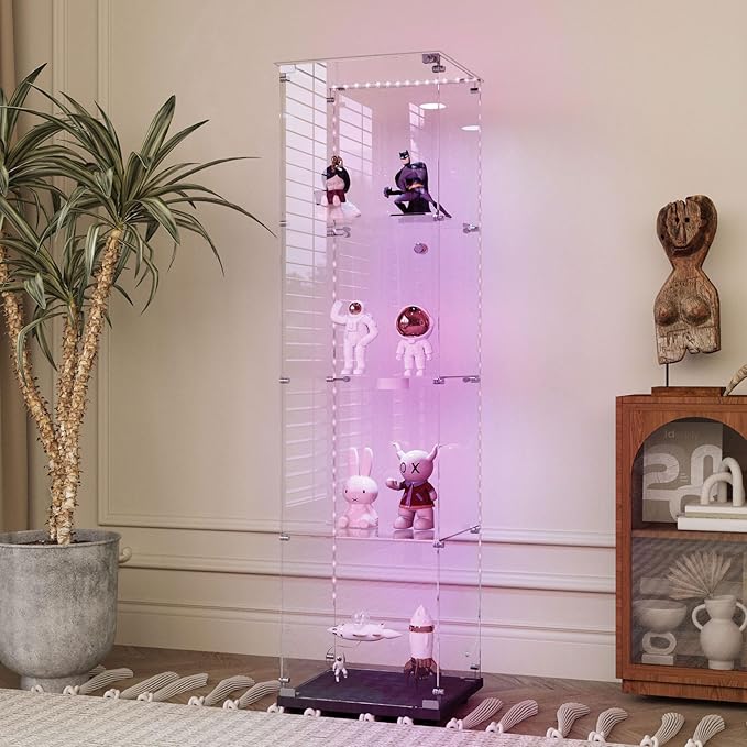 Yoluckea 4 Tiers Glass Display Cabinet with Bluetooth LED Light Strip, 1 Door Floor Standing Curio Cabinet with Universal Wheel for Home Office Display, Black Glass Bookshelf for Collections,Clear Top - Image 5