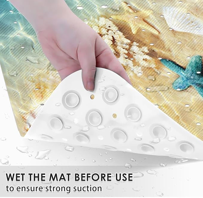 Seashell Summer Beach Bath Mat Non Slip, Starfish Blue 40 X 16 Inch Extra Long Bathtub Shower Mat for Tub Anti Slip with Suction Cups and Drain Holes for Kids Adults Elderly - Image 3