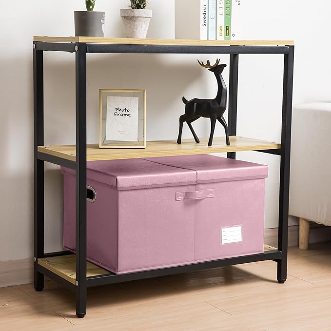 PRANDOM Collapsible Storage Box with Lid [1-Pack] Leather Fabric Foldable Storage Bin Organizer Container Basket Cube with Cover for Home Bedroom Closet Office Nursery Pink (22.8X15.7X11.8) - Image 2