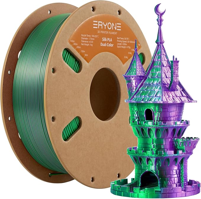 ERYONE Silk Dual Color PLA Filament 3D Printer 1.75mm +/- 0.03mm, Bicolor Filament Two Tone PLA 1KG(2.2lbs) Cardboard Spool, Purple Green by ERYONE