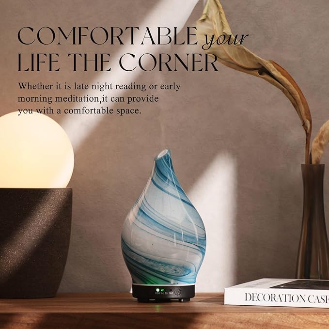 Porseme 150ml Essential Oil Diffuser Glass Color Changing Aroma Air Diffusers Aromatherapy Ultrasonic Cool Mist Humidifier 6 Running Hours Waterless Auto-Off for Sleeping Yoga Office Spa (Blue Ink) - Image 7