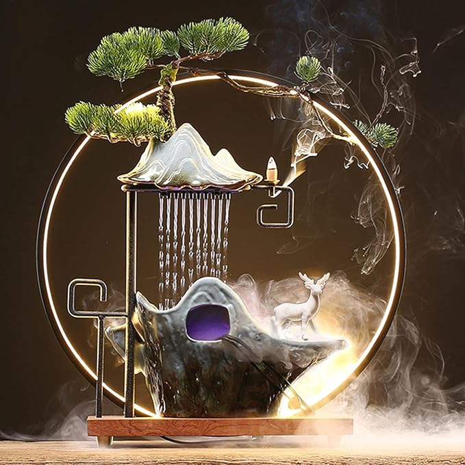 17In Water Fountains Indoor Tabletop Water Fall Humidifier W/LED Light & Atomizer Mist, Zen Decor Meditation Japanese Decor Fake Plants Feng Shui Decor Festival Birthday Gift Good Luck Wealth by kunghei