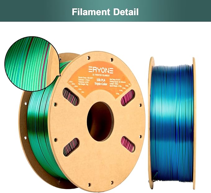 ERYONE Silk Tri Color PLA Filament 3D Printer 1.75mm +/- 0.03mm, Multicolor Filament Tricolor PLA Bundle 2KG Cardboard Spool, Red Blue Green - Image 5