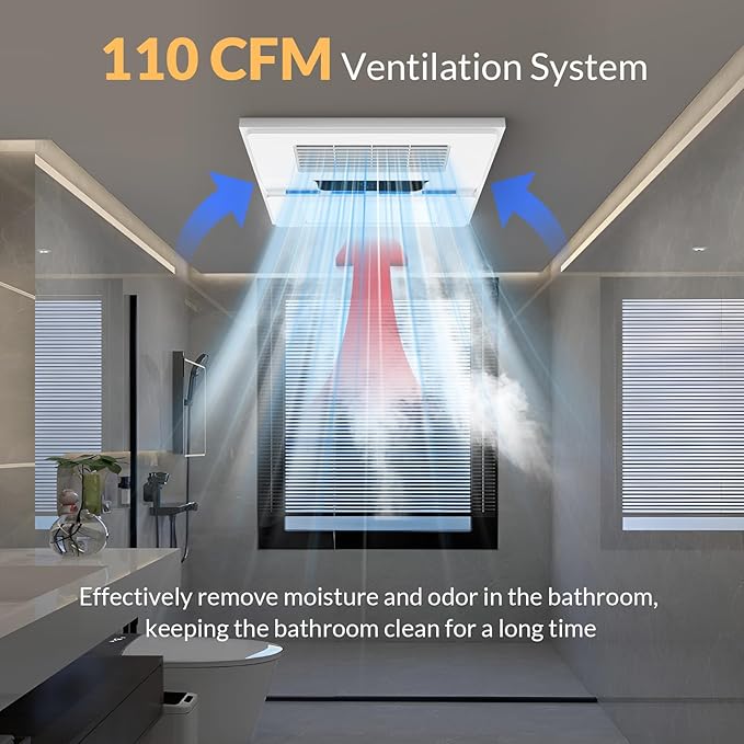 1800W Bathroom Exhaust Fan with Light and Heater, 110 CFM 4-in-1 Ceiling Vent Fan, 1.0 Sone Quiet Operation, 11.2” x 11.2” Ceiling Cutout, 13.8” Grille, 6500K LED Light, Metal Housing - Image 4