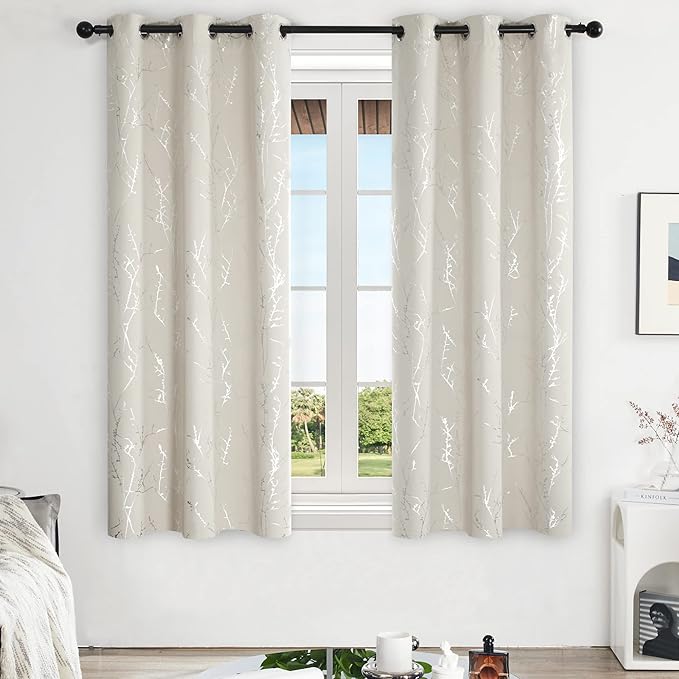 Deconovo Beige Bedroom Curtains, Room Darkening Curtain, Thermal Insulated Soundproof Drapes, Silver Branch Print, 42 x 63 Inch Long, Machine Washable Window Panels for Living Room Nursery, Set of 2 - Image 2