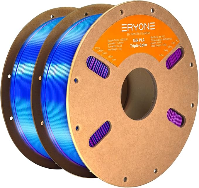 ERYONE Silk Tri Color PLA Filament 3D Printer 1.75mm +/- 0.03mm, Multicolor Filament Tricolor PLA Bundle 2KG Cardboard Spool, Blue Purple Black by ERYONE