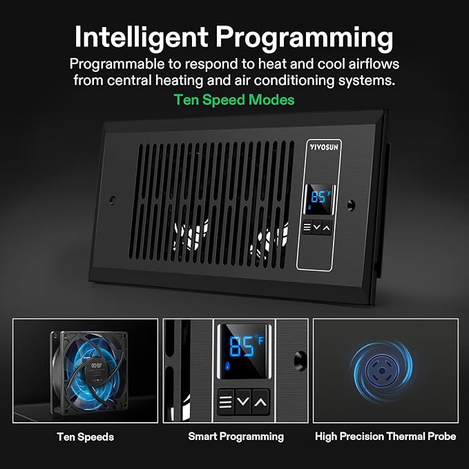 VIVOSUN Quiet Register Booster Fan, Smart Register Vent with Thermostat Control, Fits 4”×10” Register Holes, Heating Cooling AC Vent Fan, Black - Image 5