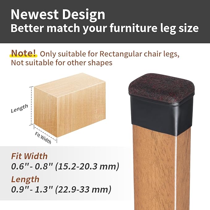 Ezprotekt 24 Pcs Rectangle Felt Chair Leg Floor Protectors for Hardwood Floors, Rectangle Silicone Furniture Pads Caps Covers for Chair Desk Table (Fit W :0.6-0.8", L: 0.9-1.3", Black) - Image 2
