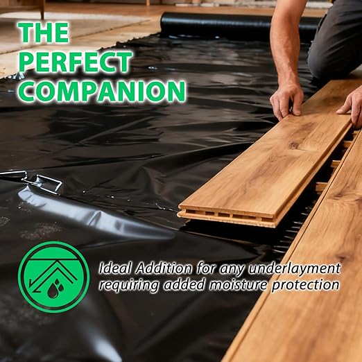 6 Mil 360 sq. ft. Black Moisture Barricade Underlayment Polyethylene Film Roll for Vinyl, Laminate SPC, Engineered Wood Floors with Adhesive Strip - Image 5