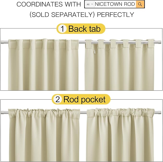 NICETOWN Small Window Curtains for Kitchen, Home Decoration Room Darkening Curtains for Laundry, Cupboard (Beige, 52" Wide x 54" Long per Panel, 2 Pieces) - Image 4