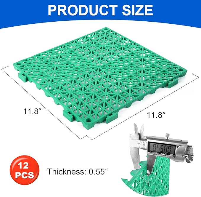 MYFAMIREA Modular Interlocking Cushion 12 Pack 11.8" x 11.8" Rubber Floor Tiles Non-Slip Splicing Drainage Mats for Deck, Pool, Outdoor Shower, Patio, Balcony, Indoor Bathroom, Kitchen, Yard (Green) - Image 2