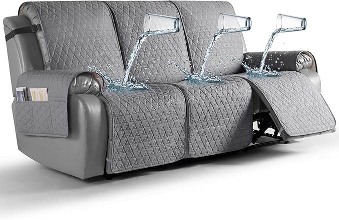 TAOCOCO 100% Waterproof Recliner Cover, Non-Slip Washable Reclining Couch Cover with Elastic Leg Straps, Furniture Protector for Dogs (Light Gray, 3 Seater) by TAOCOCO