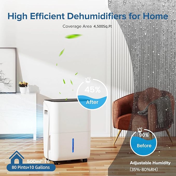 80 Pint Dehumidifier for Basement and Home, Covers up to 4,500 Sq. Ft Rooms, High-Efficiency Compressor Dehumidifier with Drain Hose and 1.05 Gallons Water Tank, Auto Shut-Off, 24HR Timer - Image 2