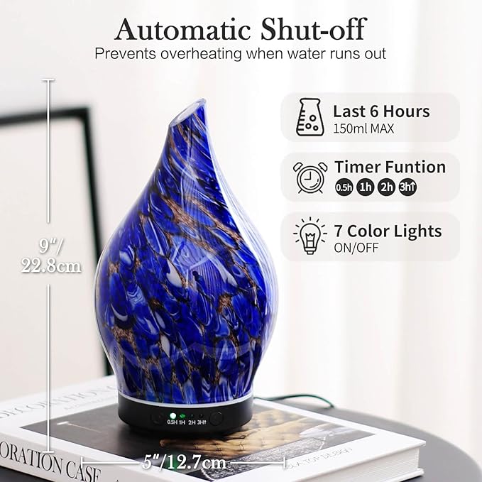 Porseme 150ml Essential Oil Diffuser Glass Color Changing Aroma Air Diffusers Aromatherapy Ultrasonic Cool Mist Humidifier 6 Running Hours Waterless Auto-Off for Sleeping Yoga Office Spa (Deep Blue) - Image 3