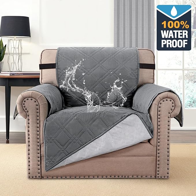 H.VERSAILTEX 100% Waterproof Sofa Slipcover Washable Armchair Cover Non-Slip Furniture Protector for Living Room Couch Cover for Pets Chair Cover with Puppy Paw Silicone Backing (Armchair, Grey) - Image 2