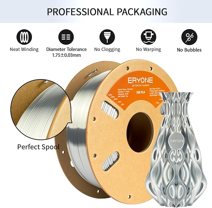 ERYONE Silk PLA Filament for 3D Printer, 1.75mm +/- 0.03mm, 1kg (2.1LBS)/Spool, Silk Silver - Image 4
